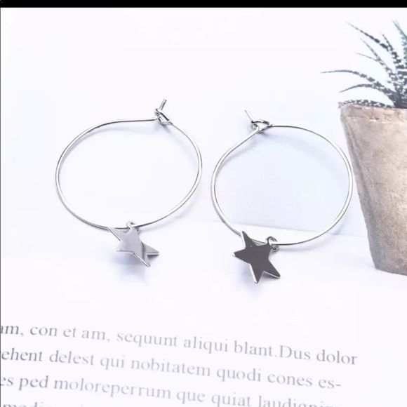 Earrings Silver Dangling Star on Hoops - Picture 6 of 7